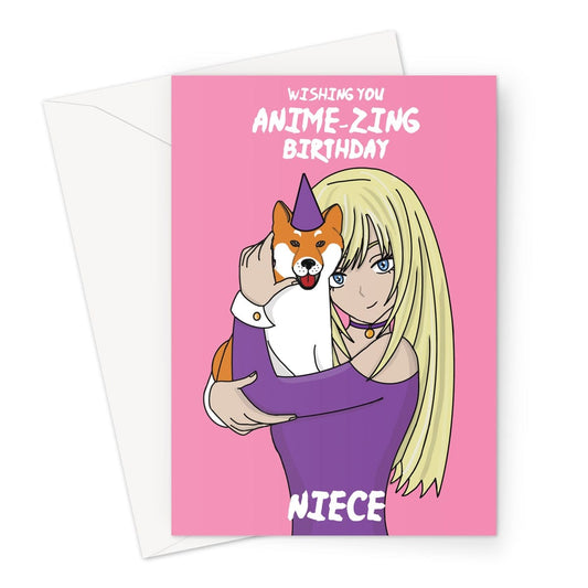 Niece birthday card with anime girl and japanese shiba inu dog.