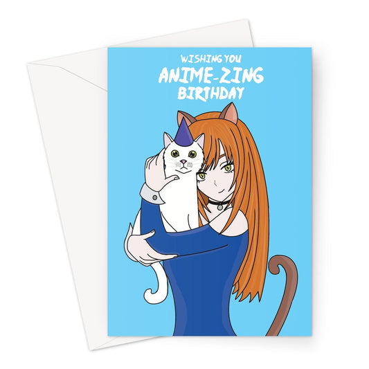 A cute anime girl holding a white cat birthday card.