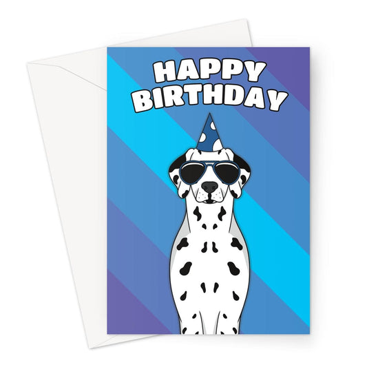A playful and colourful birthday card featuring an adorable dalmatian dog wearing a party hat 