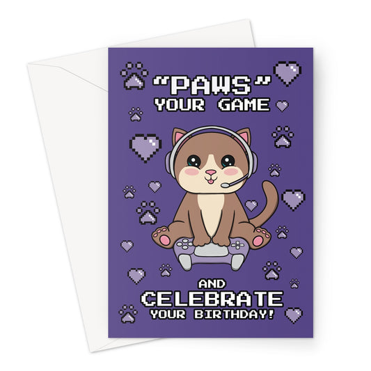 Cute video gamer cat birthday card.