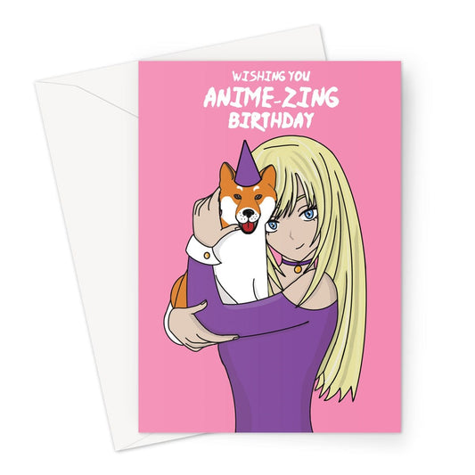 A cute anime girl holding a Japanese shiba inu dog birthday card.