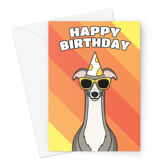 A brightly coloured birthday card featuring a cute illustration of a greyhound dog.