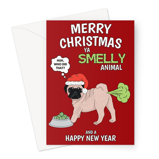 Merry Christmas Card - Funny Farting Pug Dog - A5 Greeting Card