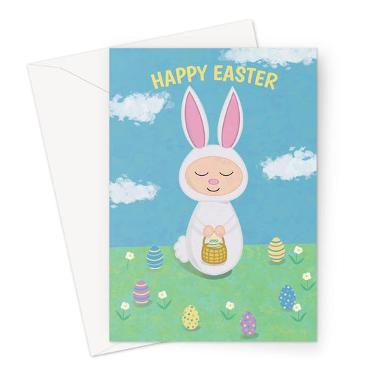 A cute easter bunny and chocolate easter eggs Happy Easter greeting card.