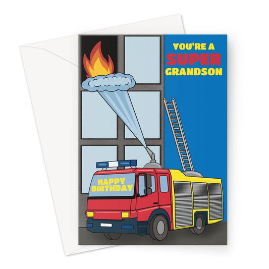 Fire engine themed birthday card for a Grandson.