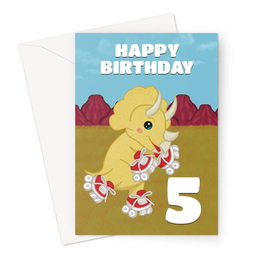 A 5th Birthday card featuring a triceratops on roller skates.