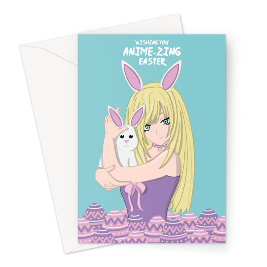 A cute anime girl holding an easter bunny. Happy Easter greeting card.