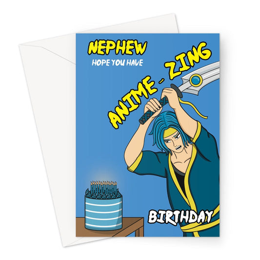 Anime birthday card for a Nephew with an illustration of a man cutting a cake with a sword.