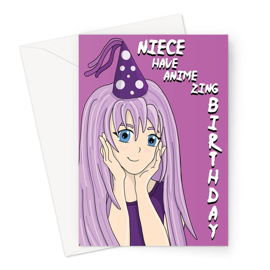 Purple haired Japanese anime girl birthday card for a Niece.
