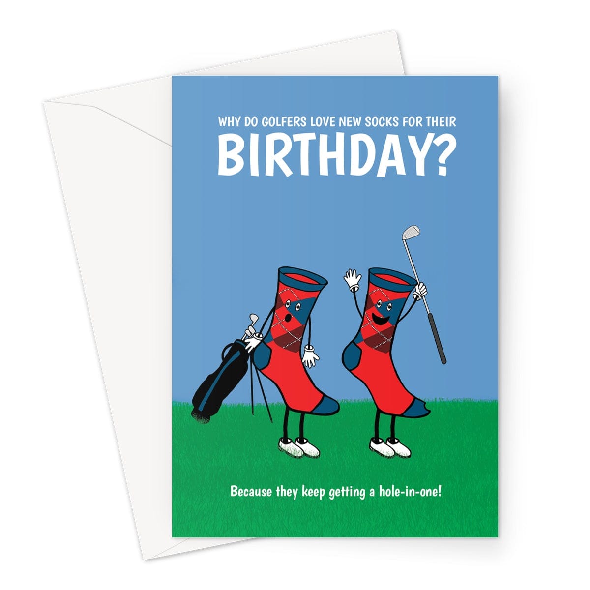 Funny golf sports themed birthday card. Hole-in-one golf socks pun.