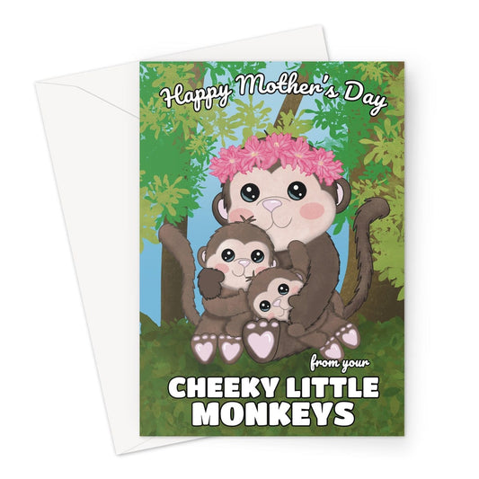 A cute Mother's Day card with one Mum money and two children monkeys.