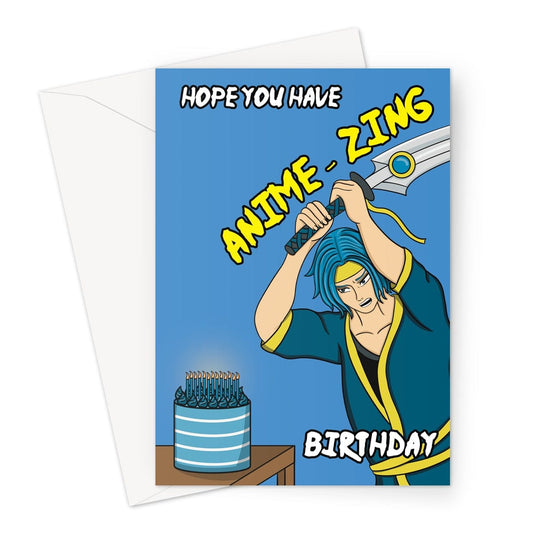 Anime birthday card with an illustration of a man cutting a cake with a sword.