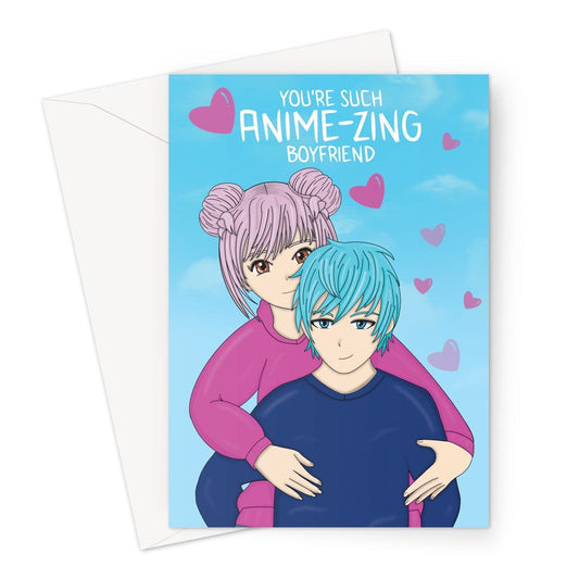 Card that reads, you're such aniime-zing boyfriend. The artwork on the card is of a male and female couple drawn in an anomie art style.