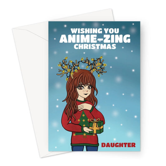 A large Christmas card for a Daughter. The card has an illustration of an anime style girl holding an Xmas present and wearing reindeer antlers.