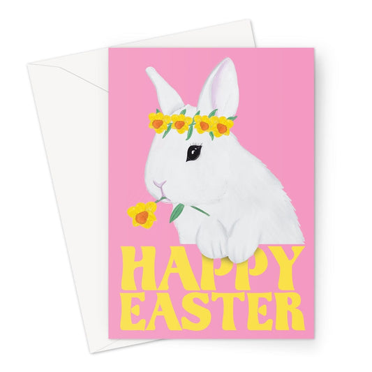 A cute easter bunny Happy Easter greeting card with pink background.