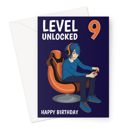 Level Unlocked 9, 9th Birthday card for a video gaming boy.