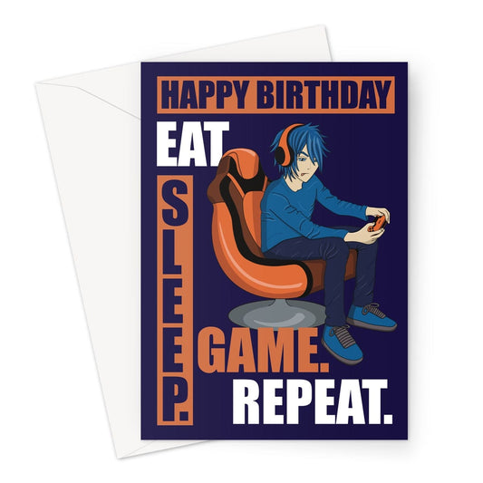 Eat Sleep Game Repeat video gamer birthday card for a boy.