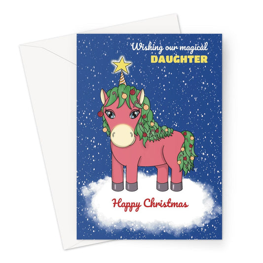 Merry Christmas Card For Daughter - Festive Unicorn - A5 Greeting Card