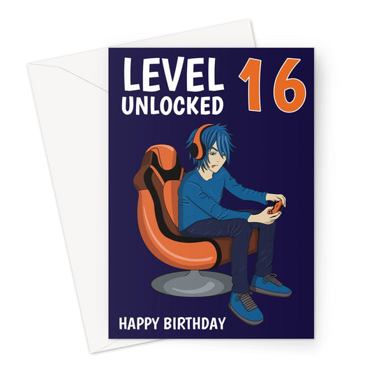 Level Unlocked 16, 16th Birthday card for a video gaming boy.