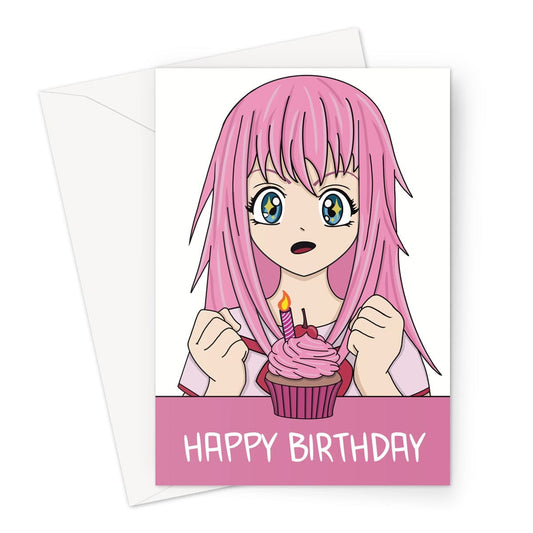 A cute pink haired anime girl birthday card. A japanese manga style girl illustration.
