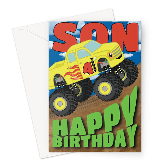 A bright yellow monster truck birthday card for a son's 4th birthday.