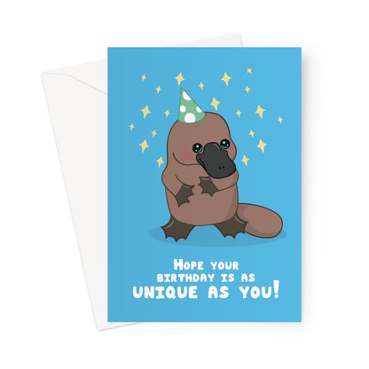 Greeting card with a platypus wearing a party hat on a blue background
