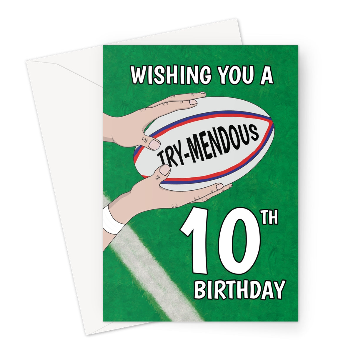 10th rugby birthday card with try-mendous pun and rugby ball design on green pitch background