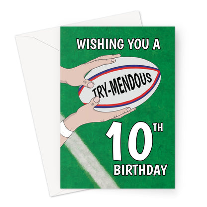 10th rugby birthday card with try-mendous pun and rugby ball design on green pitch background