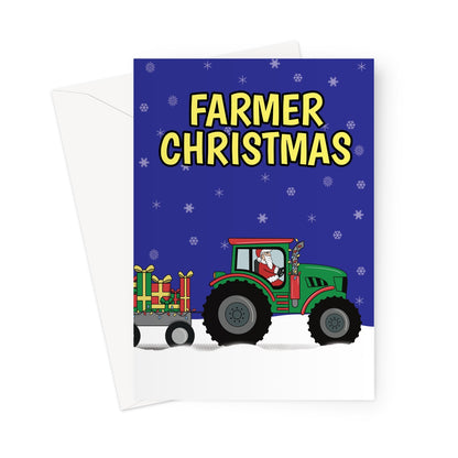 Farmer Christmas card with Santa driving a green tractor and trailer full of presents in the snow