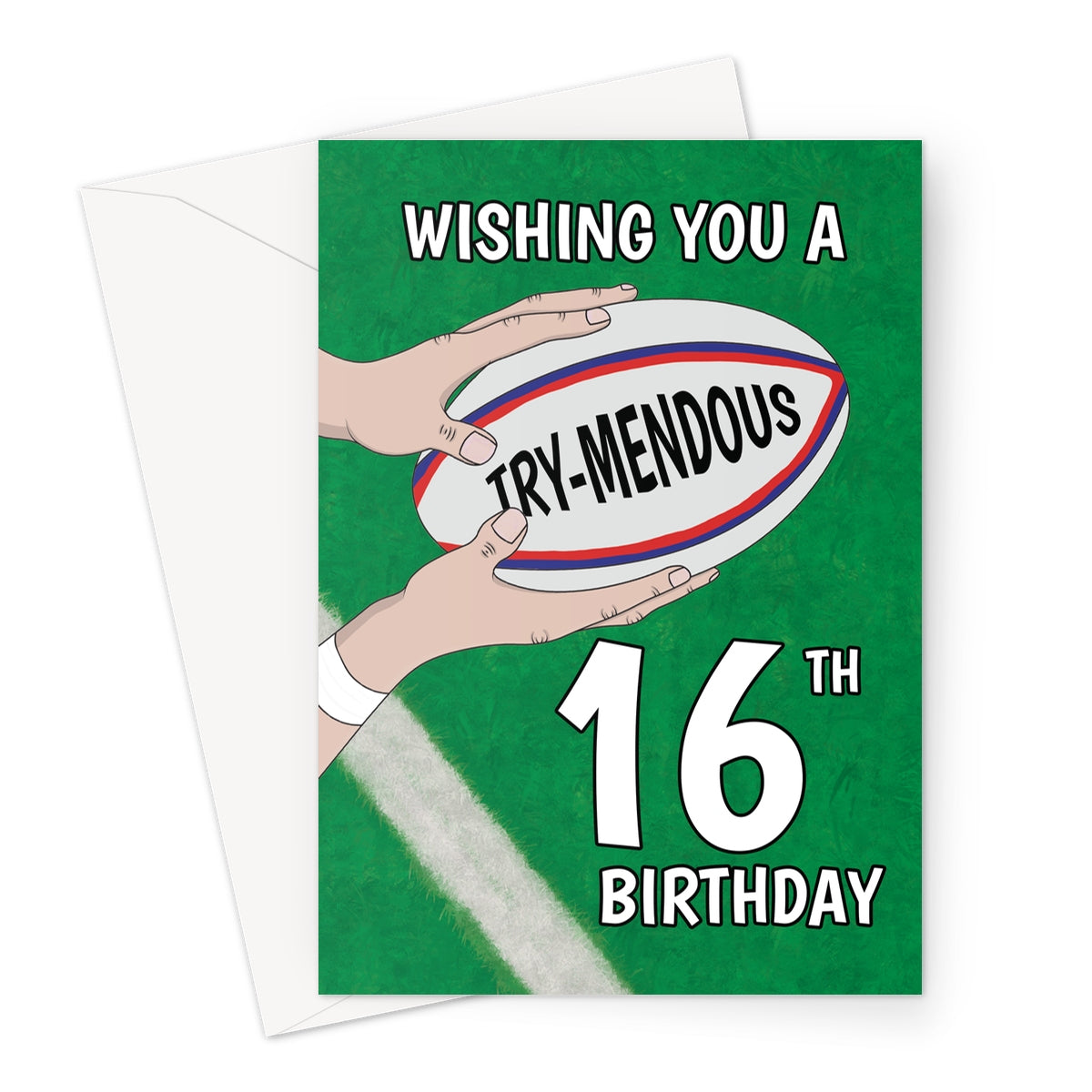 16th rugby birthday card with try-mendous rugby ball design on green pitch background