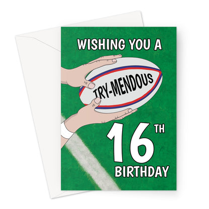 16th rugby birthday card with try-mendous rugby ball design on green pitch background