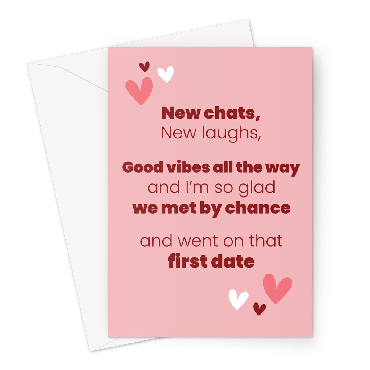 New love Valentine’s card with pink background and hearts featuring text about meeting by chance and going on a first date