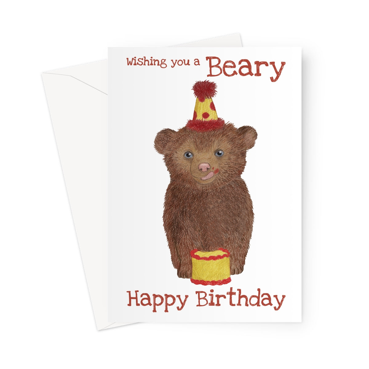 Bear birthday card with cake and “Beary Happy Birthday” text