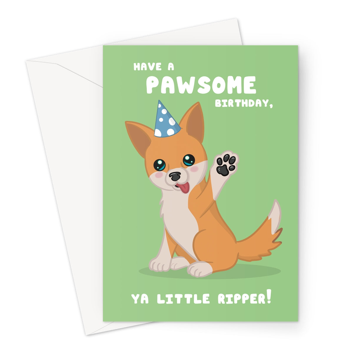 Cute dingo birthday card wearing a party hat with pawsome birthday ya little ripper message on green background