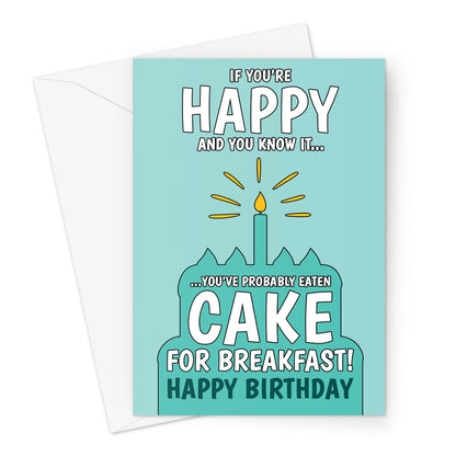 Funny birthday card with teal background, cartoon cake illustration, and the text "If you're happy and you know it... you've probably eaten cake for breakfast! Happy Birthday."