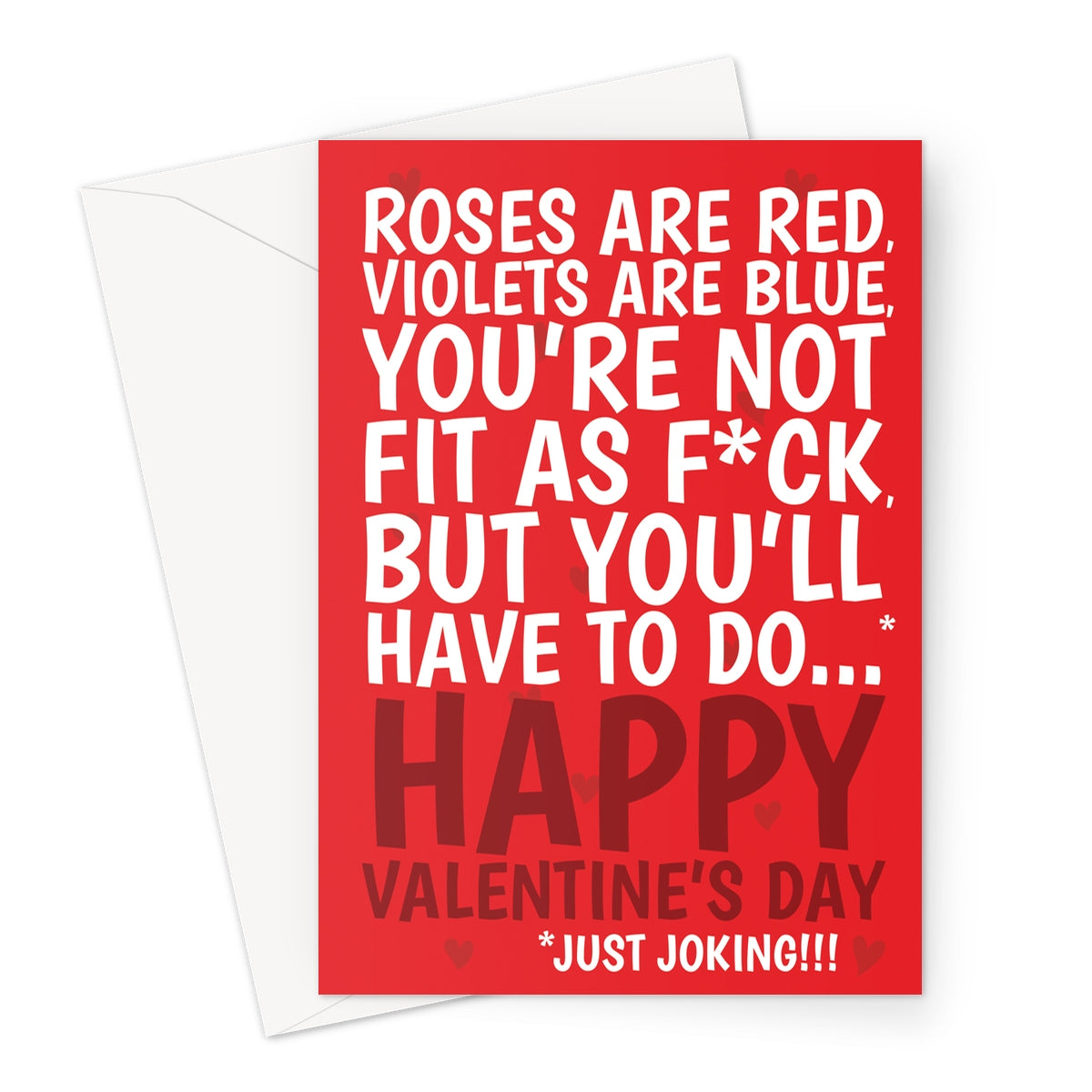 Funny rude Valentine’s card with red background featuring a cheeky roses are red poem and playful swearing