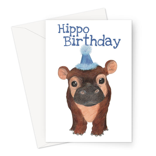 Cute hippo birthday card with party hat and “Hippo Birthday” pun