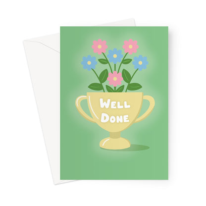 Well done greeting card with illustrated gold trophy and pastel flowers on a green background