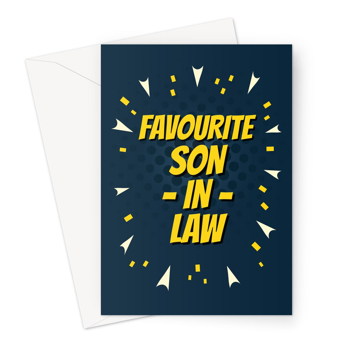 Comic-style “Favourite Son-in-Law” card with bold yellow text, navy background and fun confetti bursts.