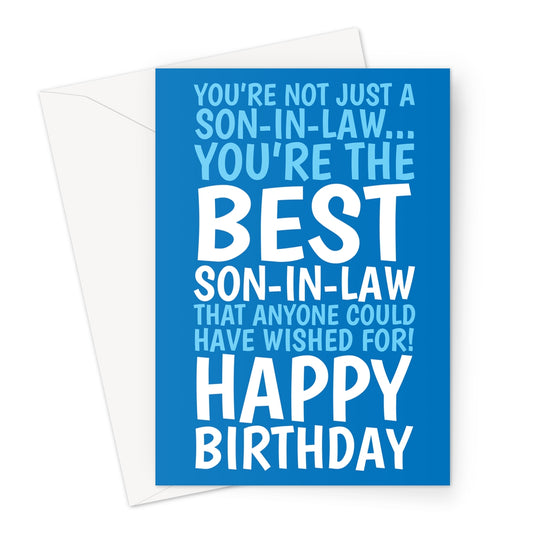 Son in law birthday card with bold blue background and heartfelt message