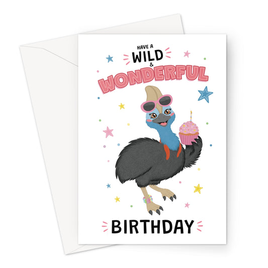 cassowary birthday card with sunglasses cupcake and wild wonderful birthday message