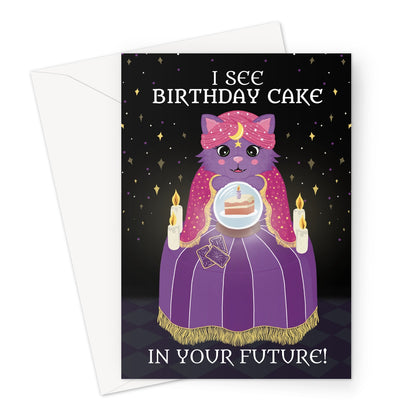 cute fortune teller cat birthday card with crystal ball birthday cake and candles