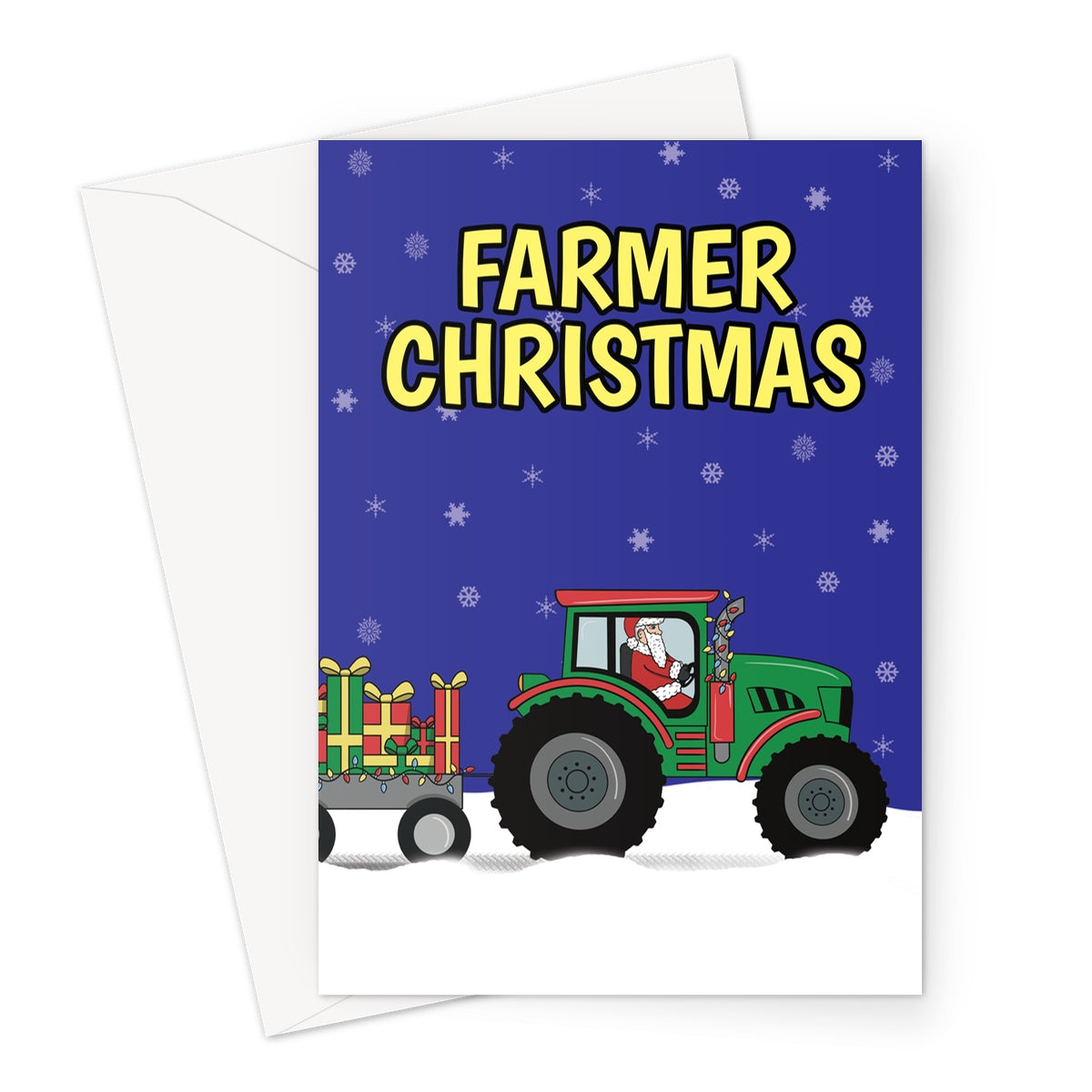 Farmer Christmas card with Santa driving a green tractor and trailer full of presents in the snow
