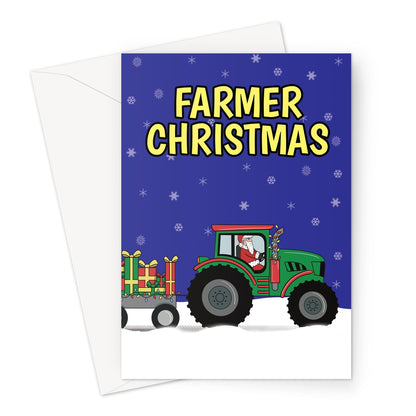 Farmer Christmas card with Santa driving a green tractor and trailer full of presents in the snow