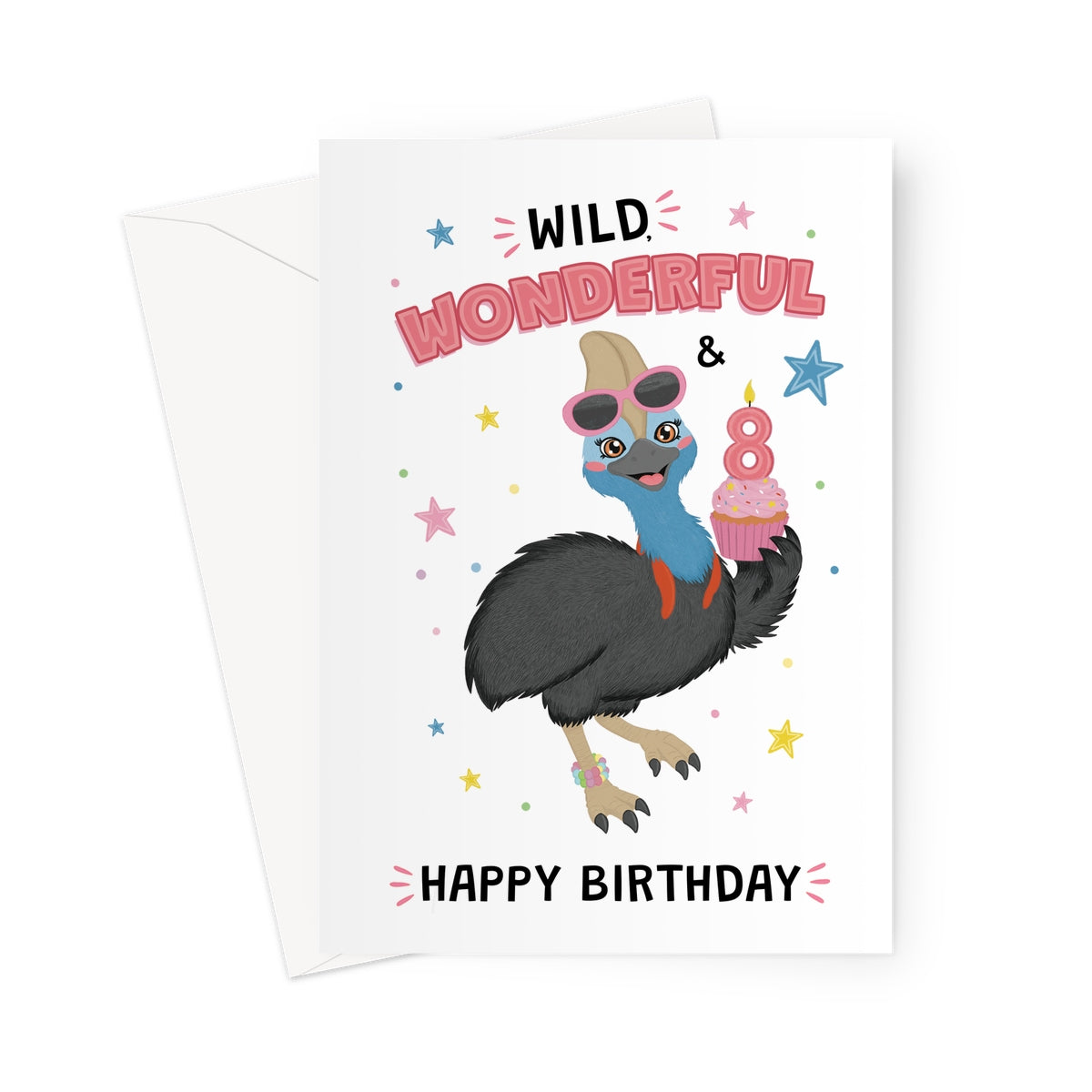 8th birthday cassowary card with sunglasses cupcake and wild wonderful birthday message