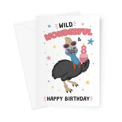 8th birthday cassowary card with sunglasses cupcake and wild wonderful birthday message