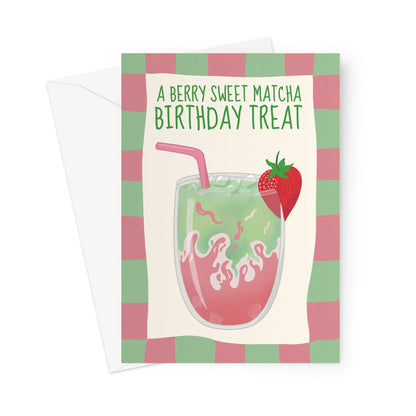Strawberry matcha birthday card with iced drink and berry sweet birthday treat message