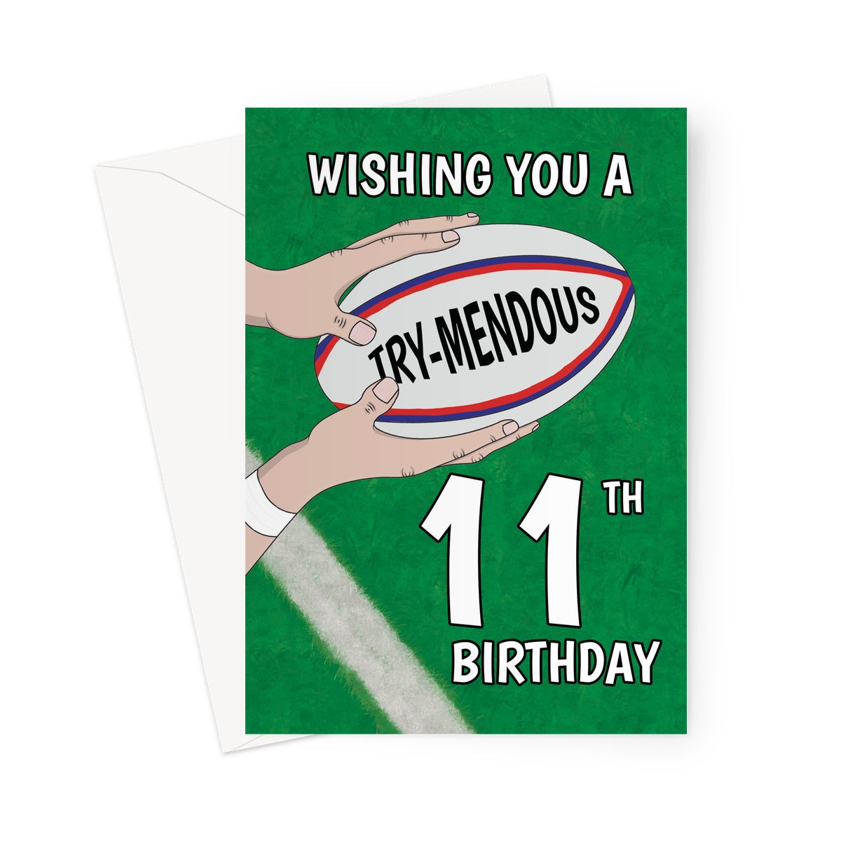 11th rugby birthday card with try-mendous pun and rugby ball on green pitch background