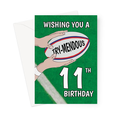 11th rugby birthday card with try-mendous pun and rugby ball on green pitch background