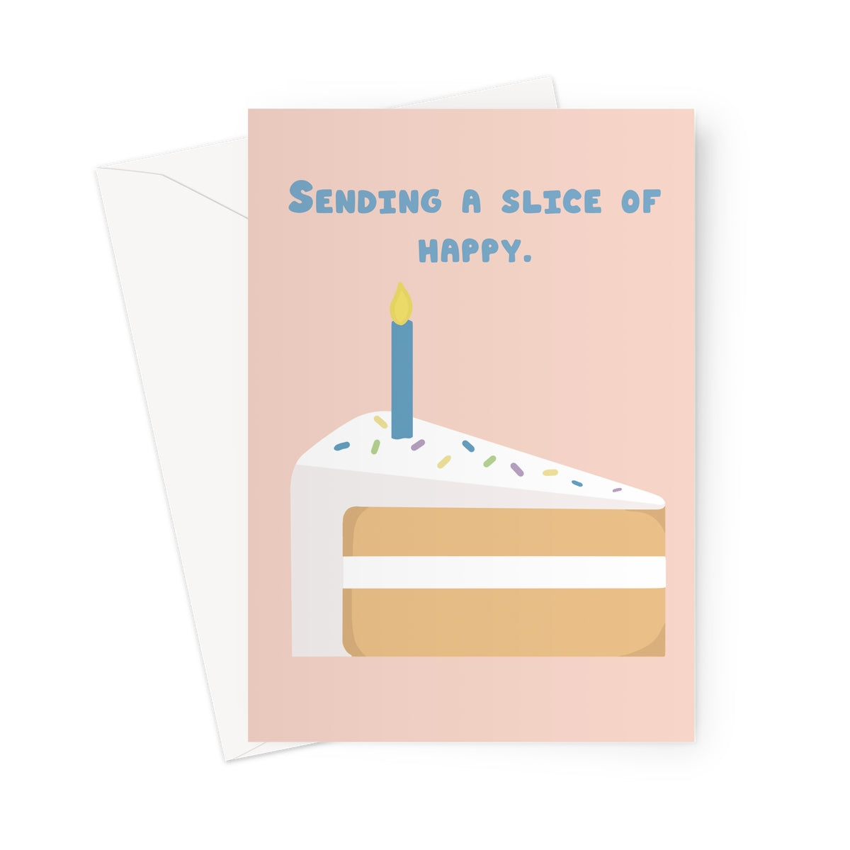 Sending a slice of happy birthday card with illustrated cake slice and candle on a pastel pink background